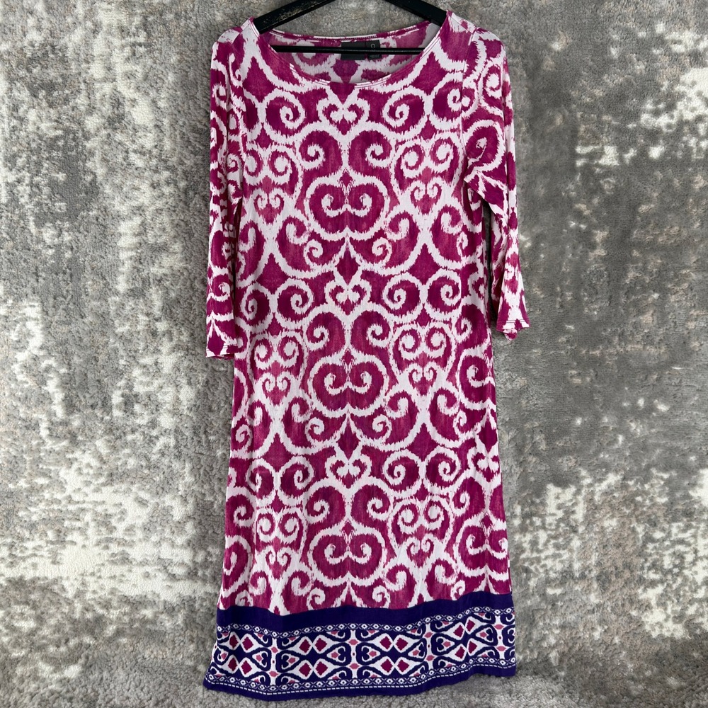 Chico's Travelers Size 4 Scroll Ikat Print Sheath Dress Pink 3/4 Sleeve Women